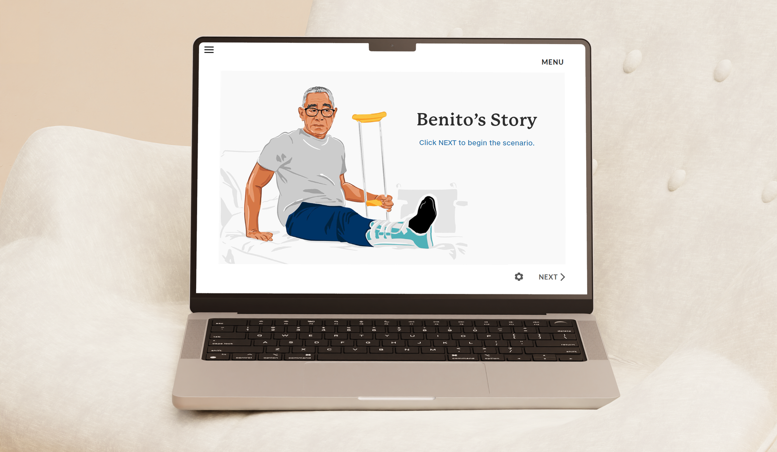 Screenshot of scenario starting screen on laptop.