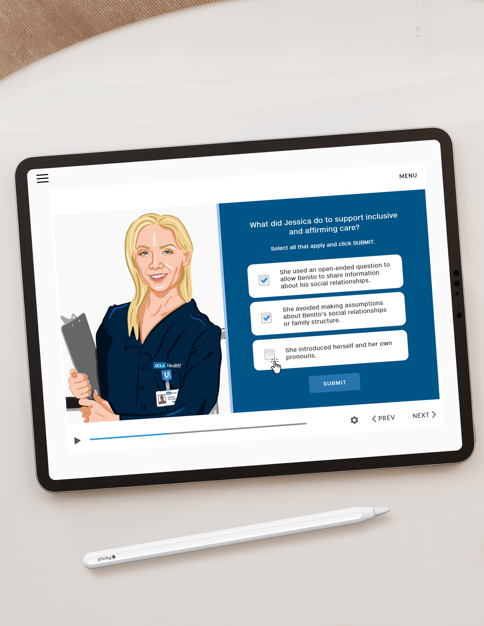 Screenshot of scenario quiz on iPad.
