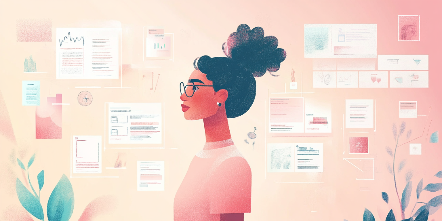 Illustration of woman surrounded by design elements in the space around her.