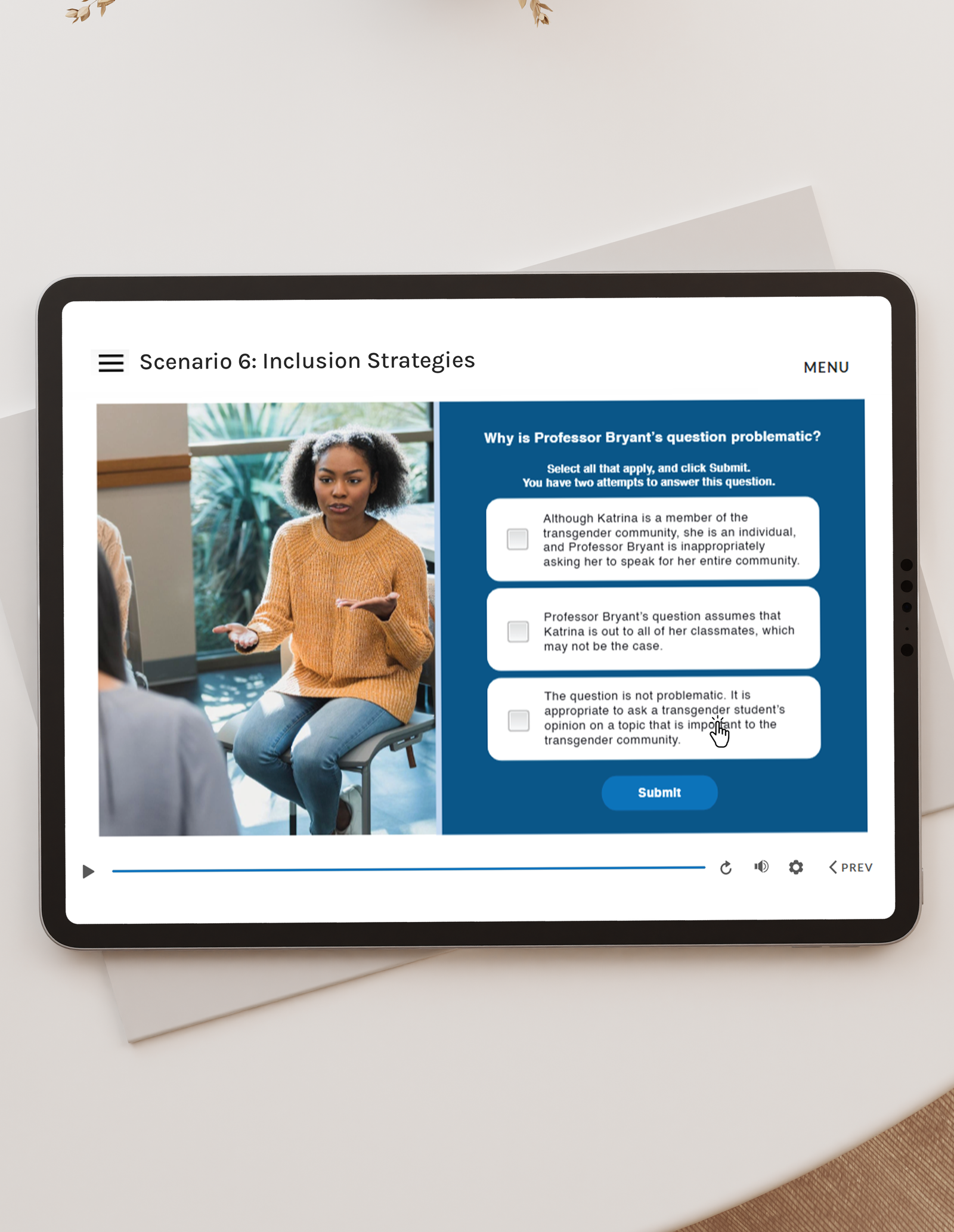 Screenshot of scenario quiz on iPad.