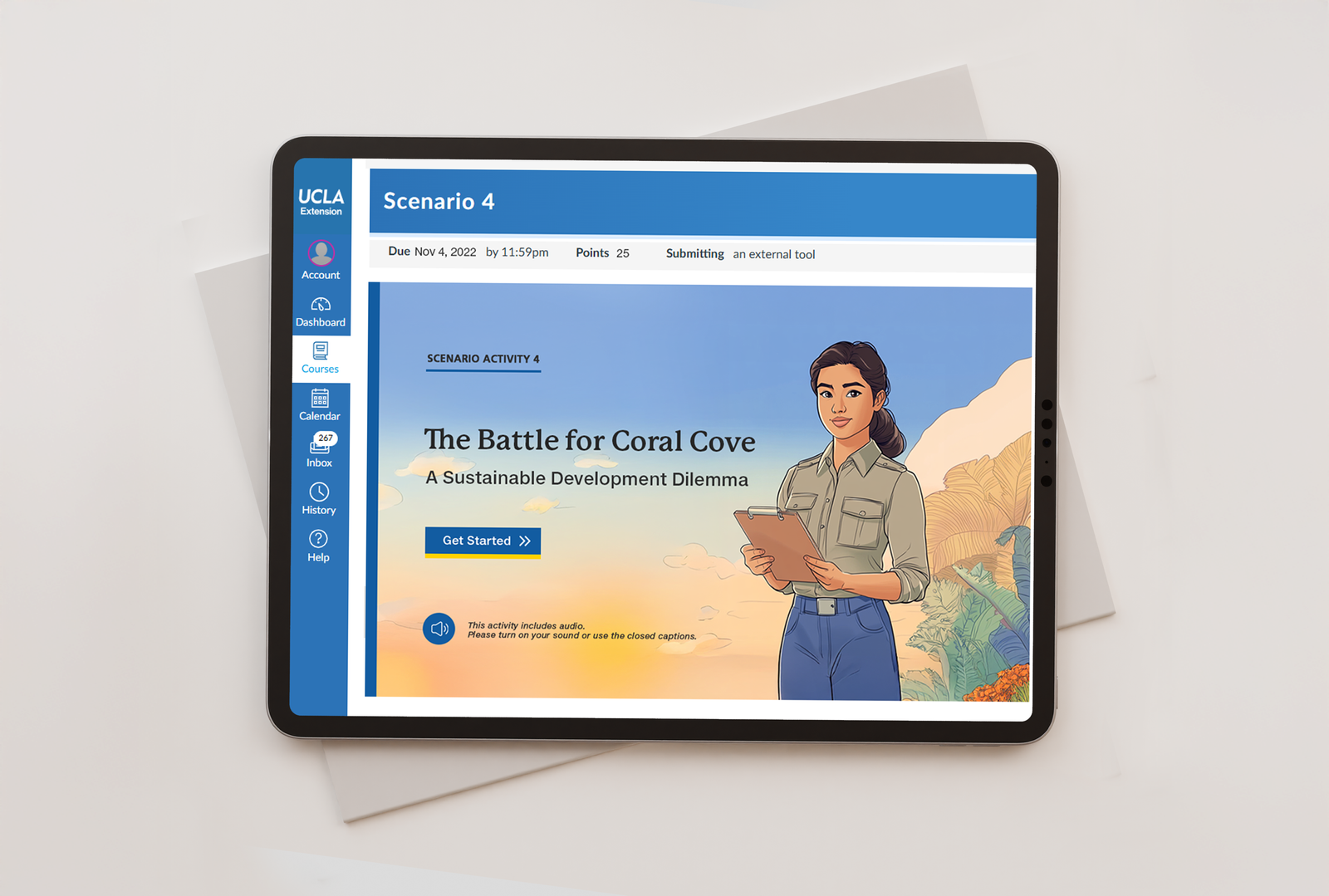 Screenshot of scenario starting screen on laptop.