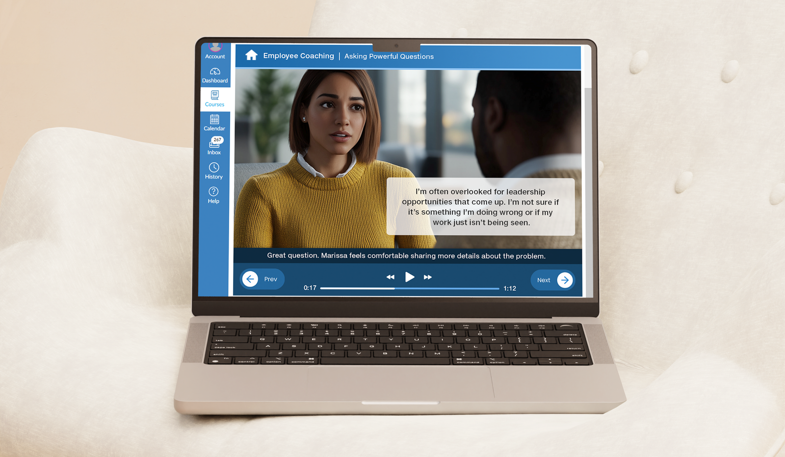 Screenshot of scenario starting screen on laptop.