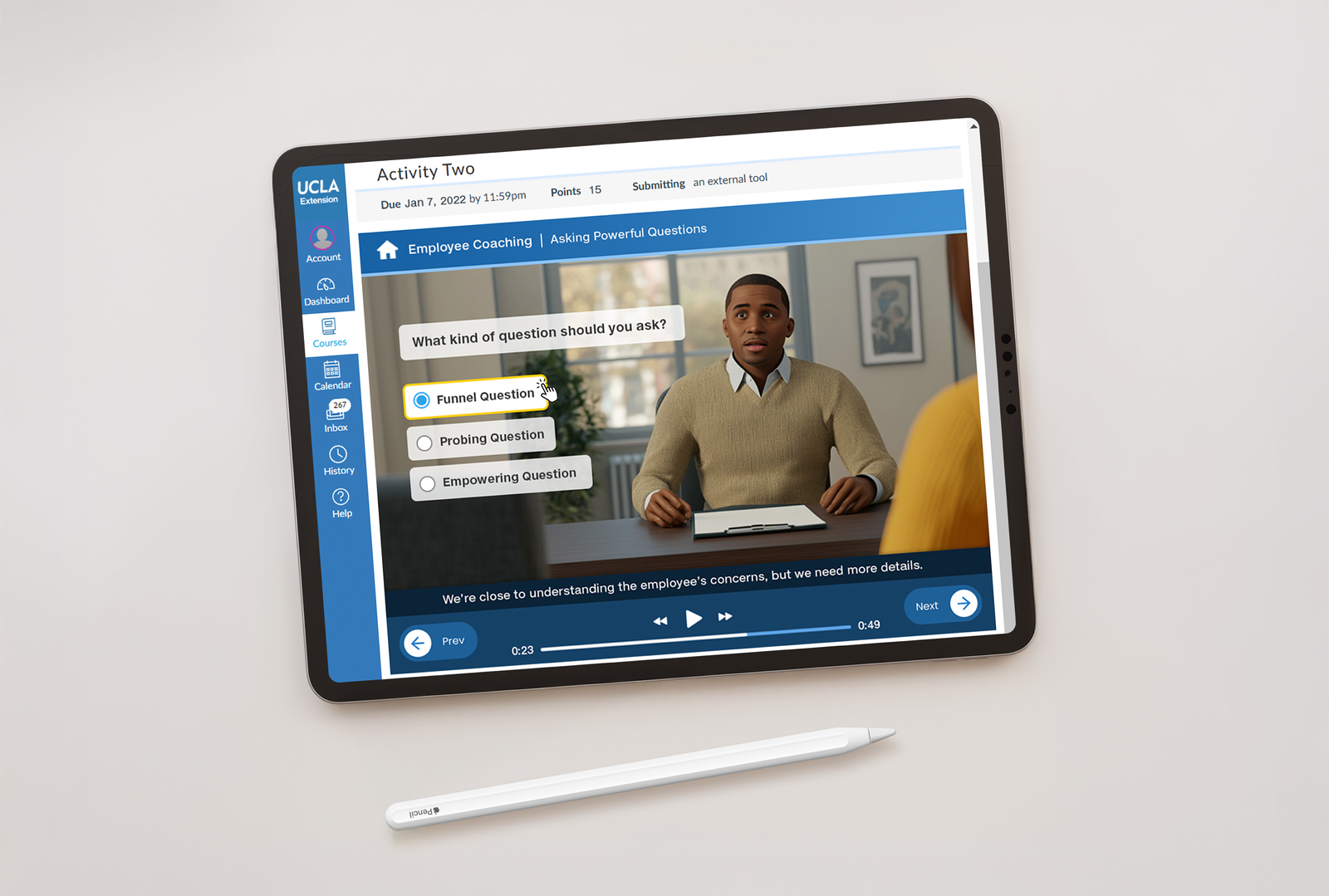 Screenshot of scenario starting screen on laptop.