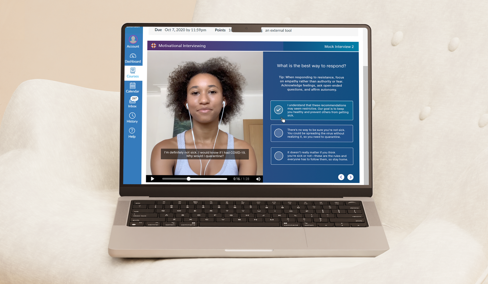 Screenshot of scenario starting screen on laptop.