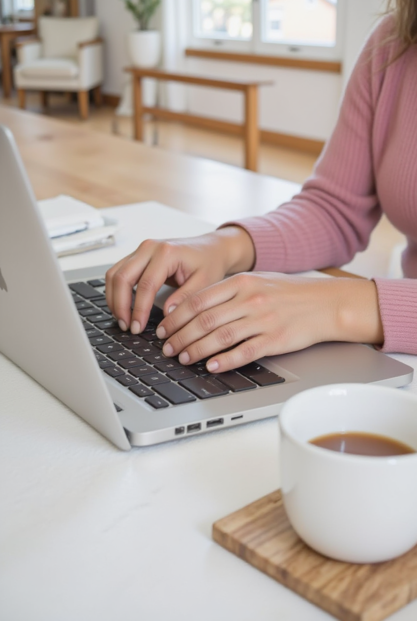 Portrait of Veronica Thompson sitting in her home office at a desk with a laptop in front of her.