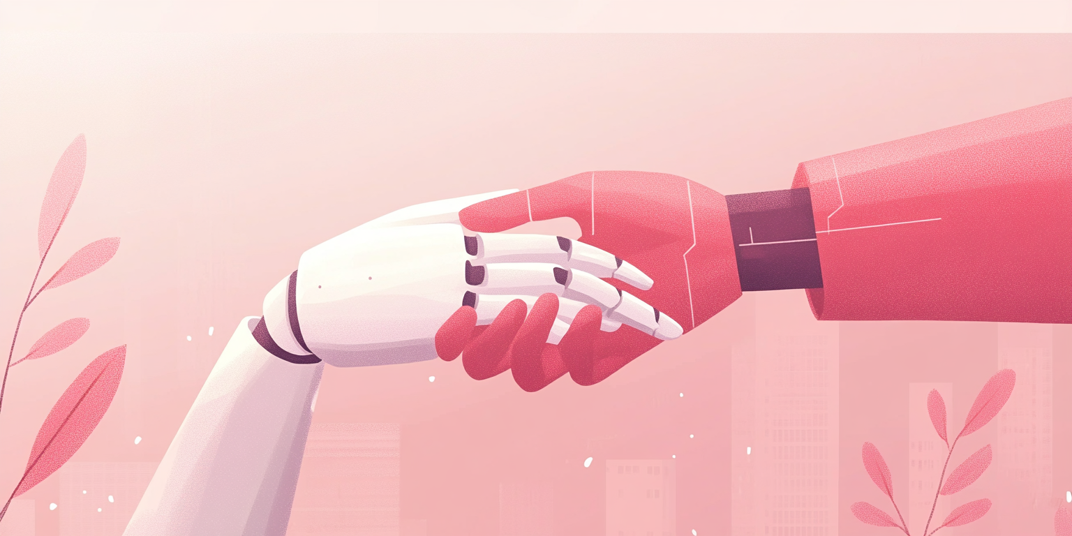 Illustration of a person walking hand-in-hand with a humanoid robot (Midjourney, 2025).