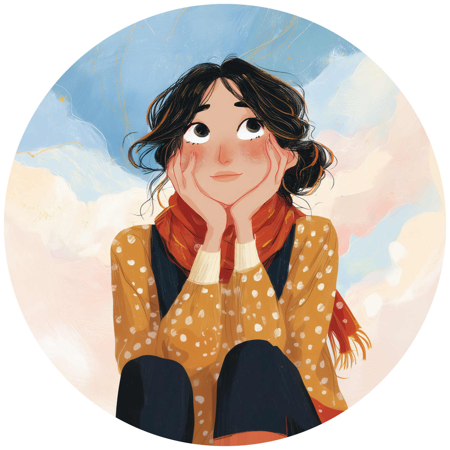 Illustration of woman in cozy sweater and scarf with hands on her cheeks, looking upward.