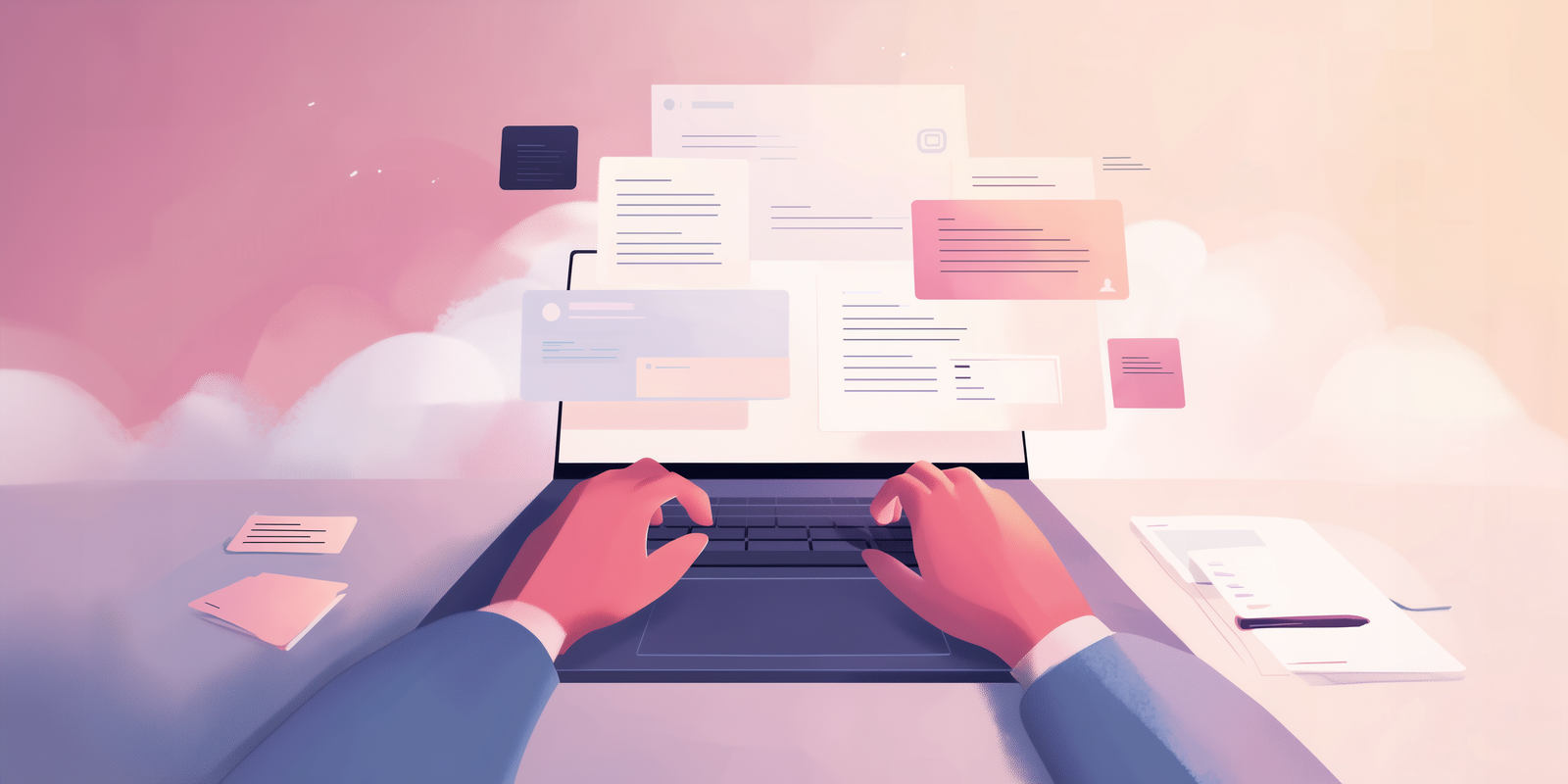 Illustration of hands on a laptop with prompts coming out of the screen (Midjourney, 2025).