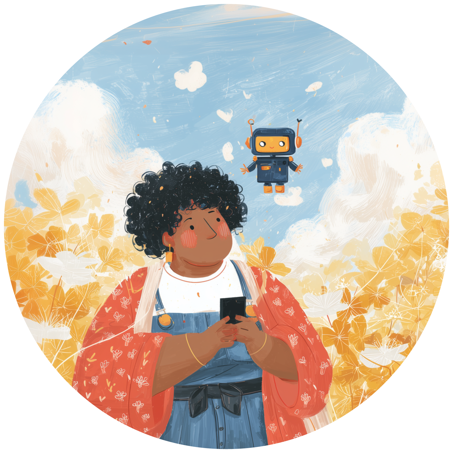 Illustration of woman looking into her phone with a little AI robot above her head.