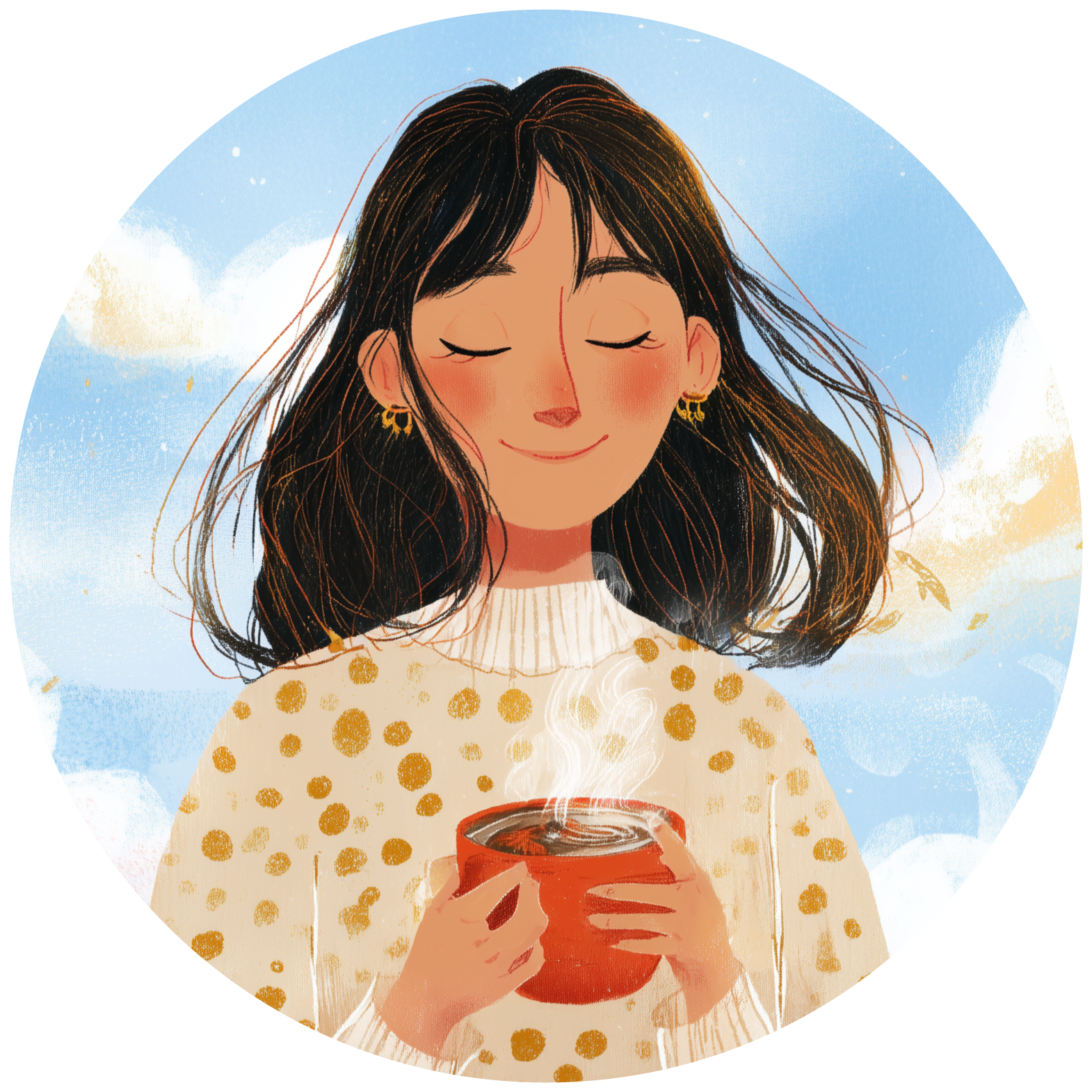 Illustration of woman wearing a cozy sweater and holding a warm cup of coffee.