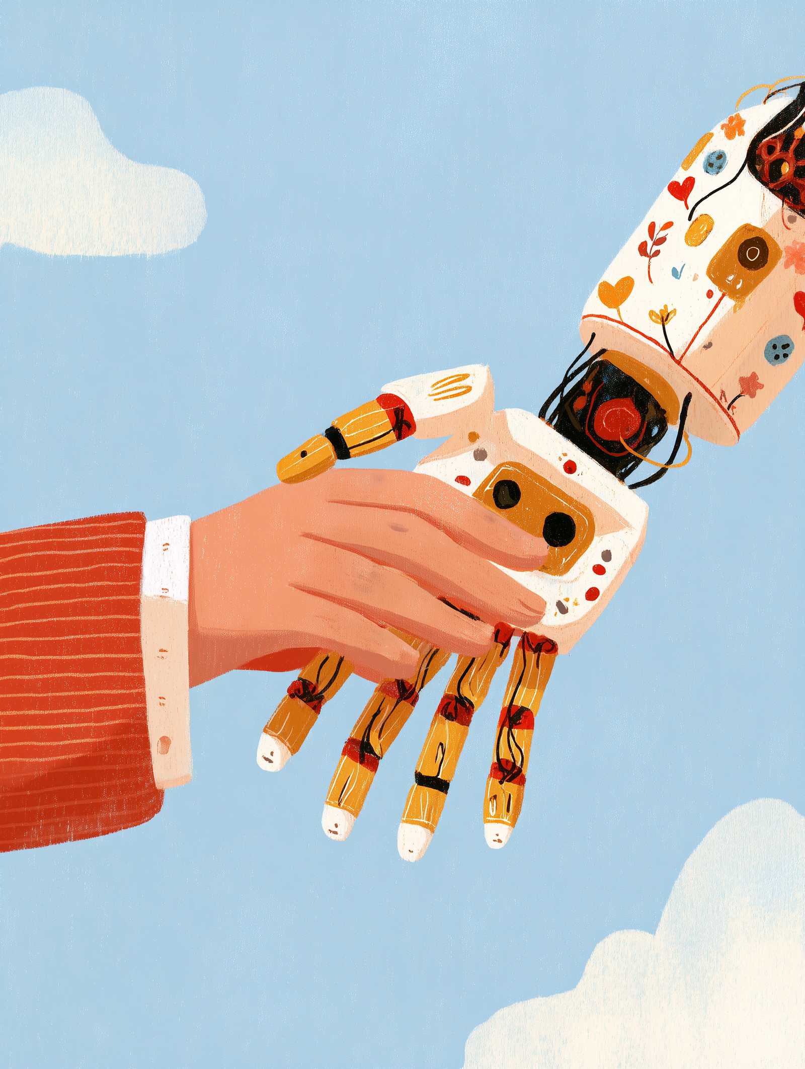 Illustration of a human hand holding a robotic hand.